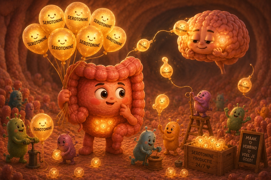 Illustratie van het darm-karakter dat serotonine naar de hersenen stuurt, symbool voor de verbinding tussen darmen en stemming