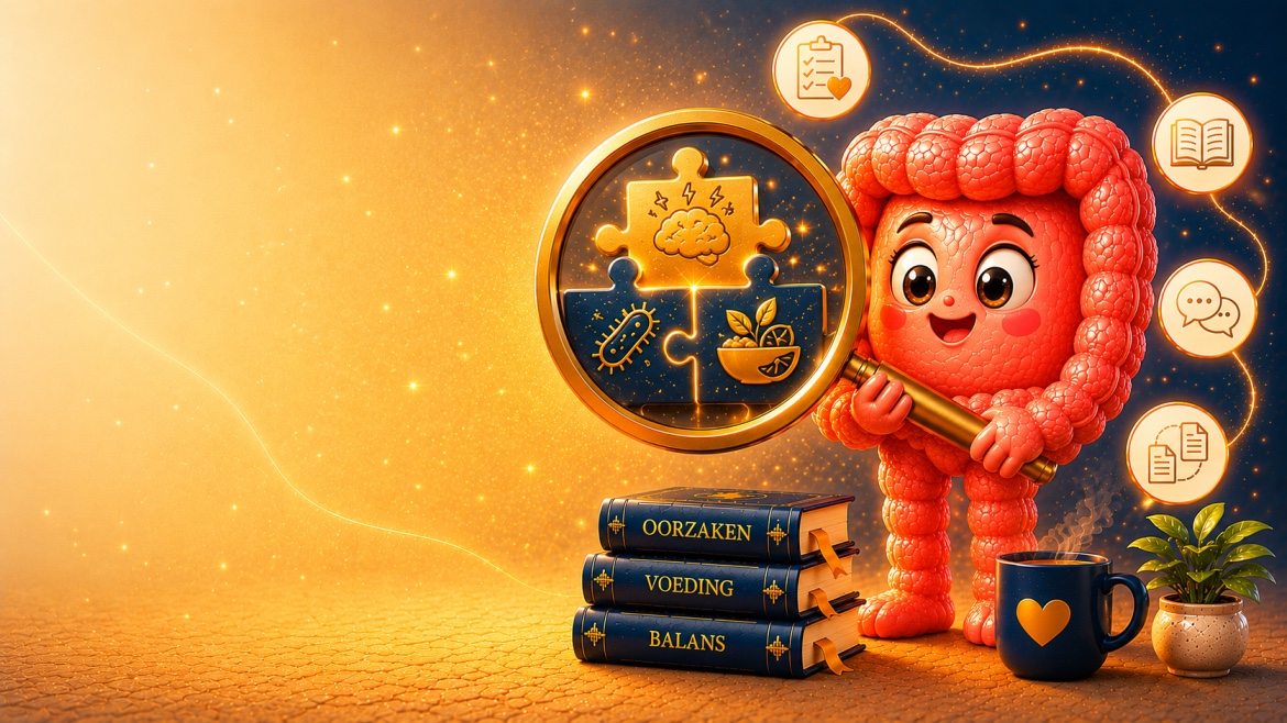 Illustratie van het darm-karakter dat de oorzaken van prikkelbaar darmsyndroom onderzoekt